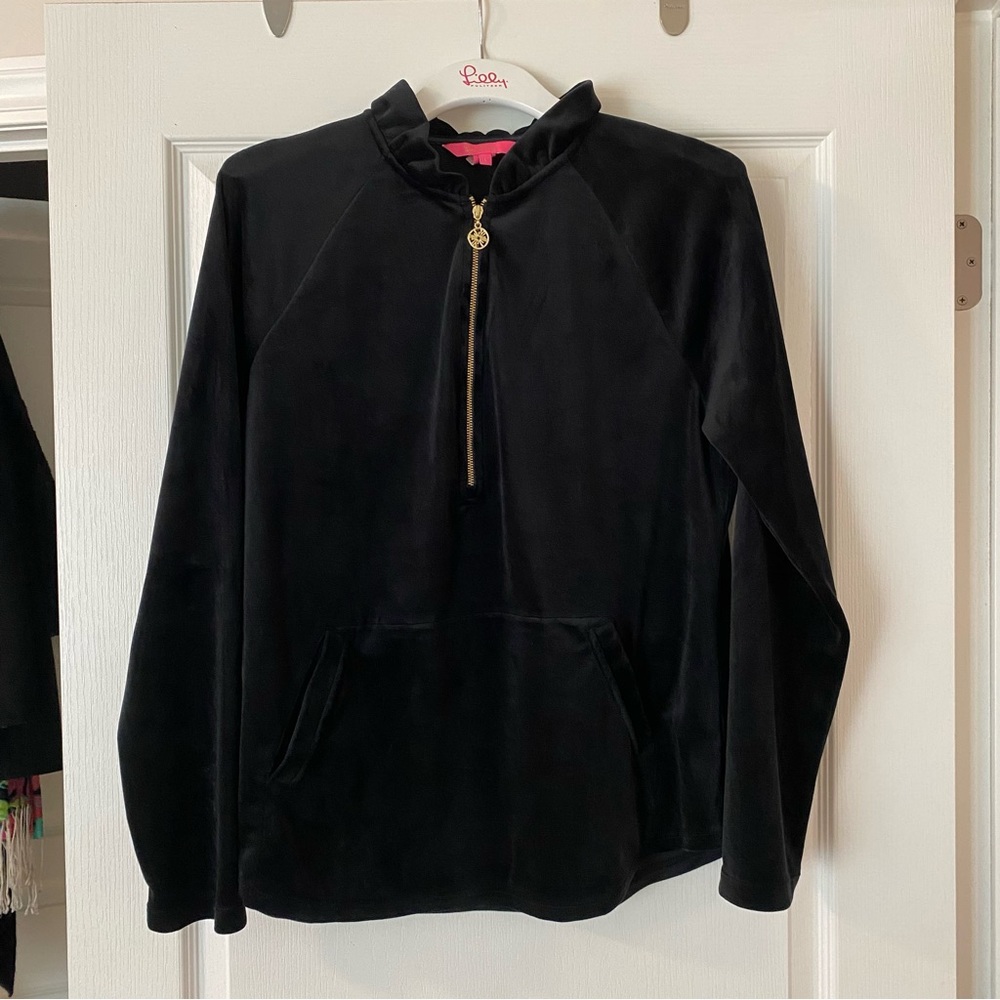 Lilly Pulitzer size Large Velour Ruffled Quarter Zip Pullover in Onyx Black